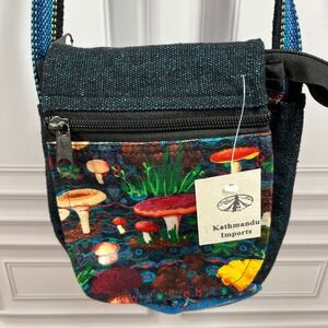 Kathmandu Imports Crossbody Bag Unisex Small Blue Mushroom Cotton Boho Nepal